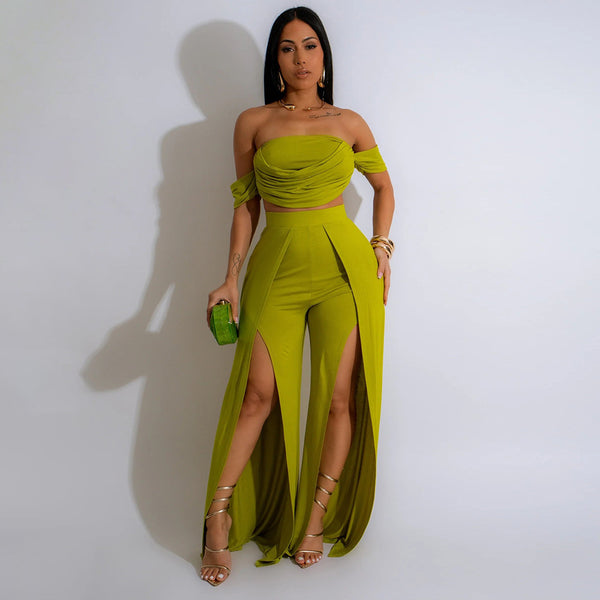 Strapless Top & Slit Wide Leg Pants Set for Evening Casual