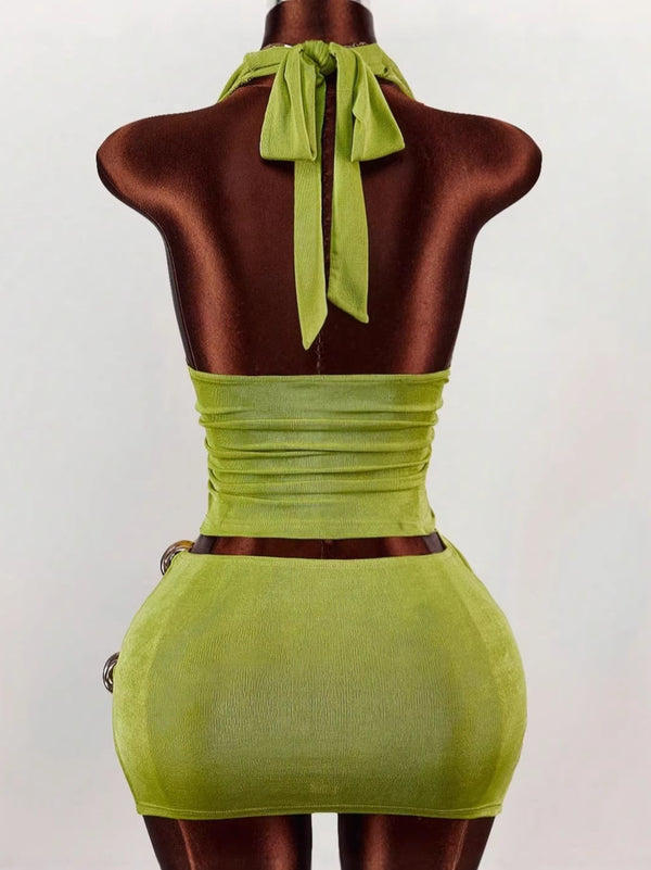 Halter Neck Lace-Up Tank Top & Skirt Set for Summer Parties