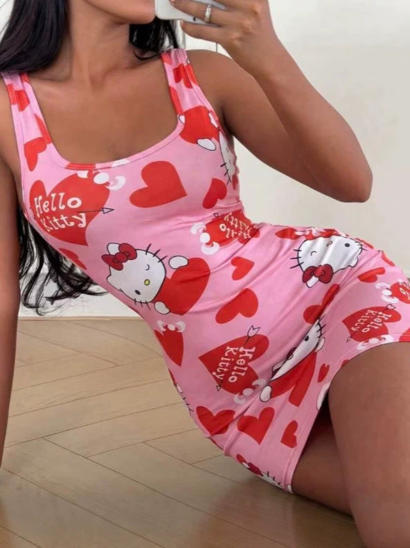 Cartoon Heart Print U-Neck Sleeveless Bodycon Dress for Casual Wear
