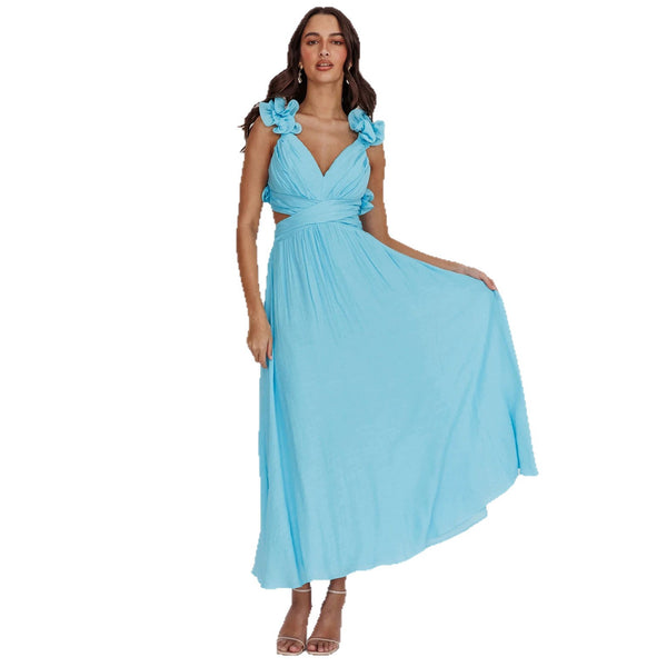 Chiffon Floral Pleated Backless Criss-Cross Lace-Up Dress for Summer
