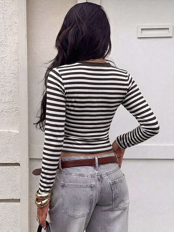 Striped V-Neck Color-Block Long-Sleeve T-Shirt