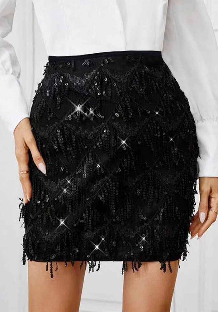 Women Sequined Tassel Black Skirt