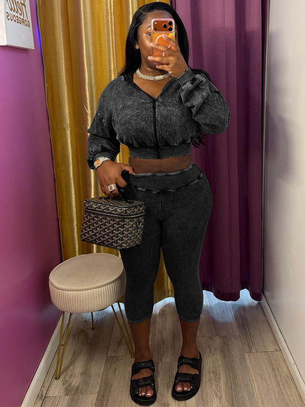 Washed Hooded Ribbed Top & Cropped Pants Set for Casual Wear