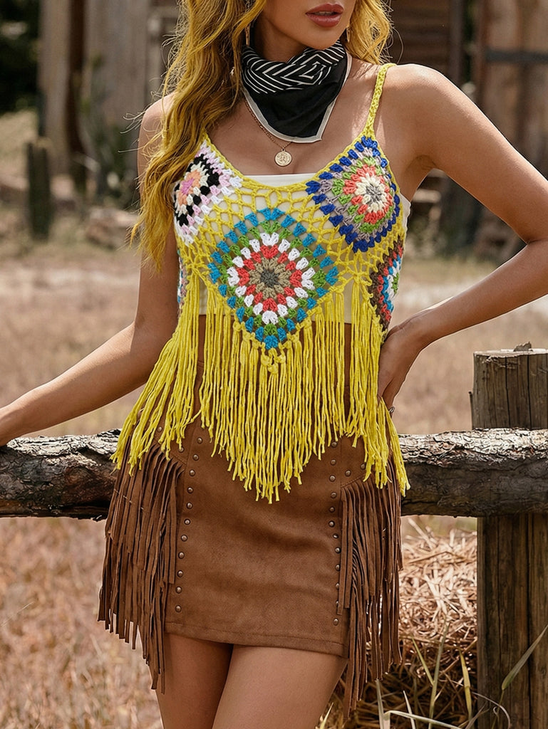 Women's Crochet Patchwork Tassel Camisole Crop Top