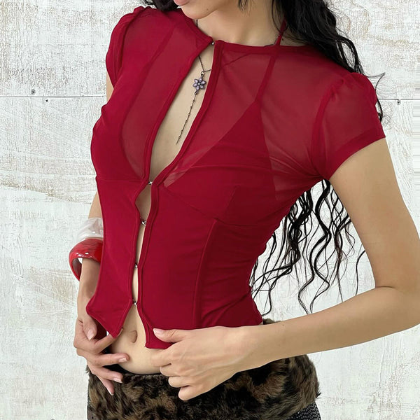 See-Through Hollow-Out Halter Short Sleeve T-Shirt for Club Wear