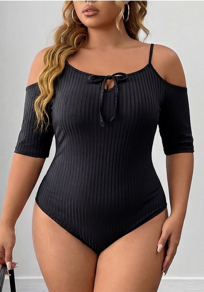 Plus Size Ribbed Elastic Off-Shoulder Bodysuit