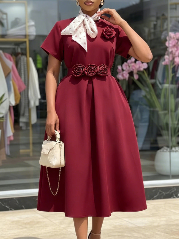 Round Neck Short Sleeve Floral A-Line African Dress for Summer