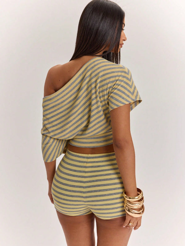 Slash Shoulder Short Sleeve T-Shirt & High Waist Shorts Set for Casual Wear