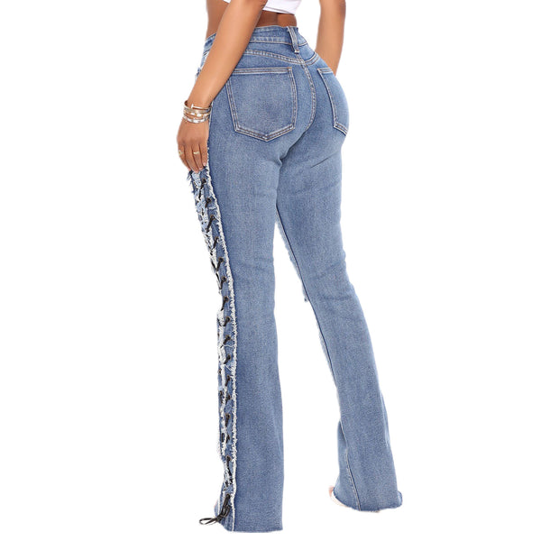 Lace-Up High Stretch Ripped Denim Pants