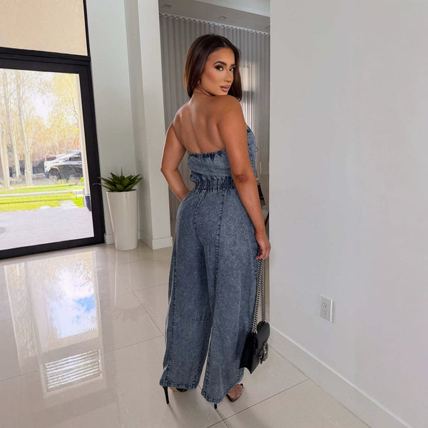 Strapless Off-Shoulder Wide Leg Denim Jumpsuit for Casual Streetwear