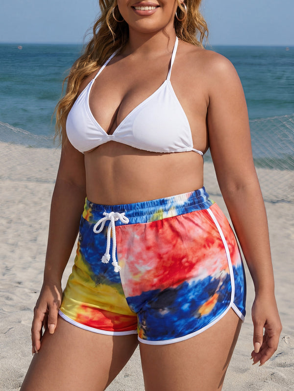 Plus Size Tie-Dye Drawstring Elastic Waist Sports Shorts for Summer Beachwear