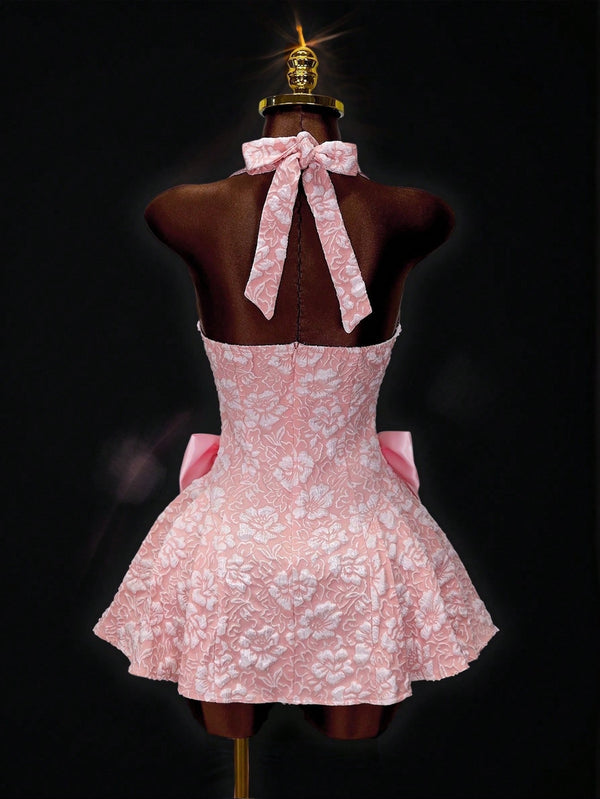 Jacquard V-Neck Sleeveless Halter Dress for Evening Events