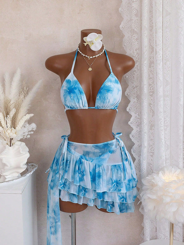 Color Block Lace-Up Three-Piece Swimsuit for Holiday Vacations