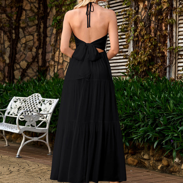 Women's Deep V Halter-Neck Lace-Up Low-Back Elegant Beach Holiday Maxi Dress