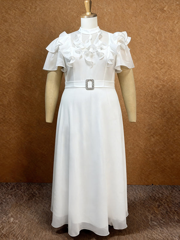 Plus Size Stand Collar Ruffled Bell Bottom Sleeve Dress for Formal Parties