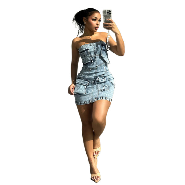 Strapless Denim Pocket Bodycon Mini Dress for Casual Streetwear