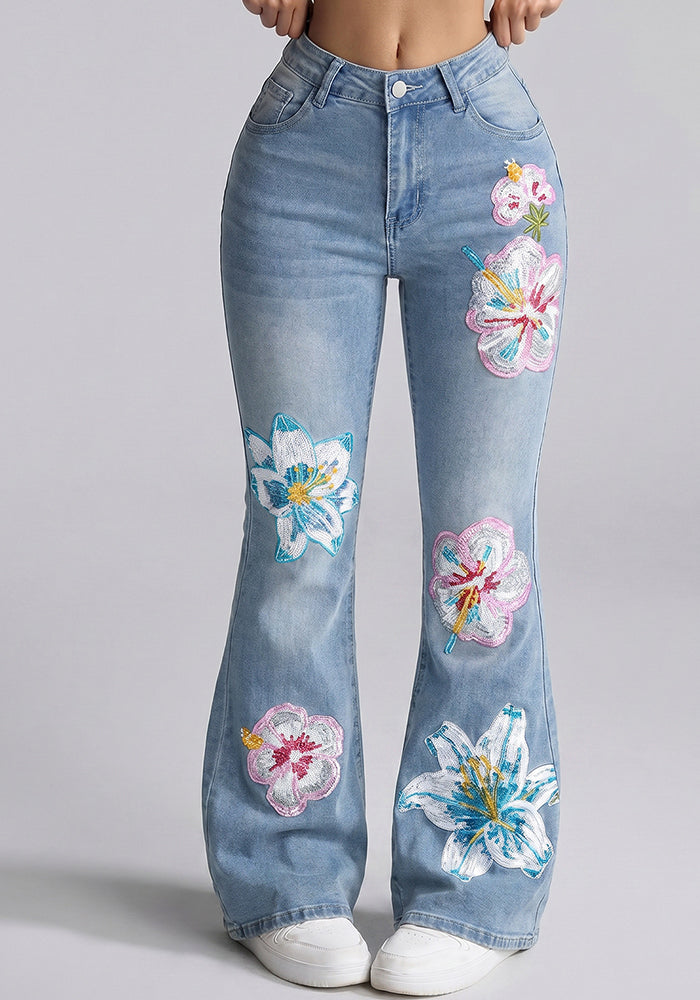 Floral Embroidered Washed Bell Bottom Denim Jeans