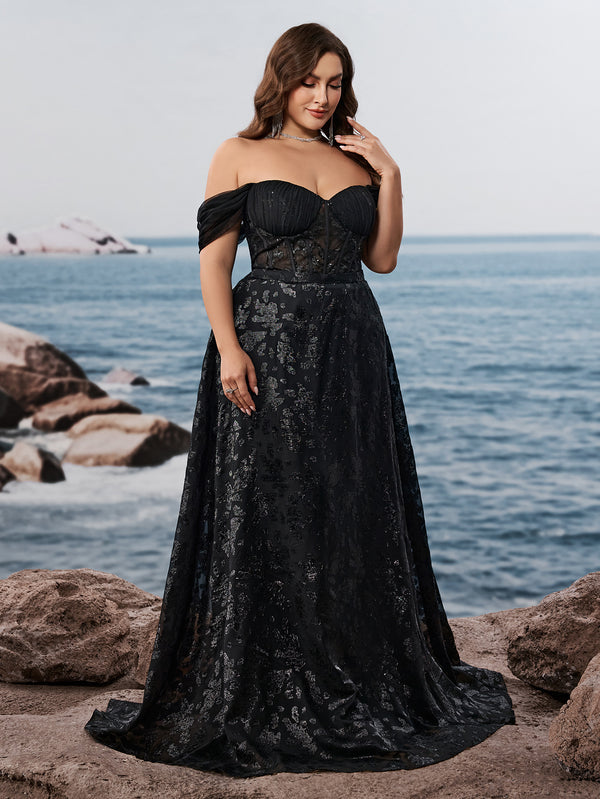 Plus Size Jacquard Off-Shoulder Lace-Up A-Line Dress for Weddings & Formal Events