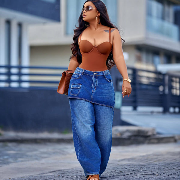 Washed Elastic Waist Straight Leg Denim Culottes for Casual Streetwear