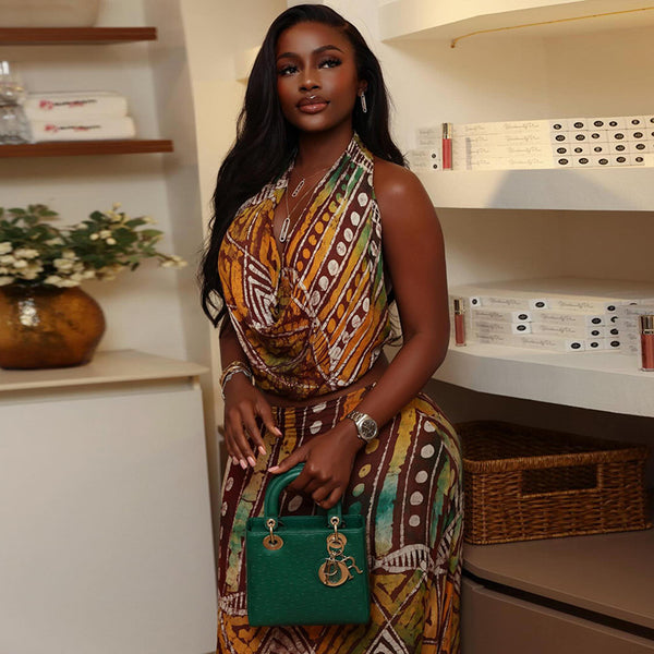 Printed Halter Sleeveless Top & Color Block Skirt Set for Summer