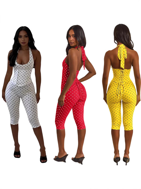 Polka Dot Boned Zipper Cropped Jumpsuit for Party Wear