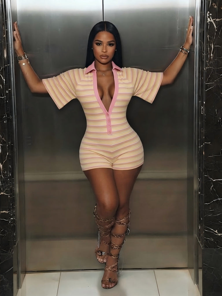 Ribbed Deep V-Neck Romper for Clubwear