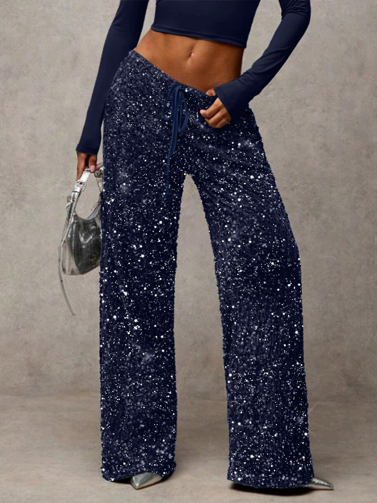 Women Sequined Drawstring Stretchy Pant