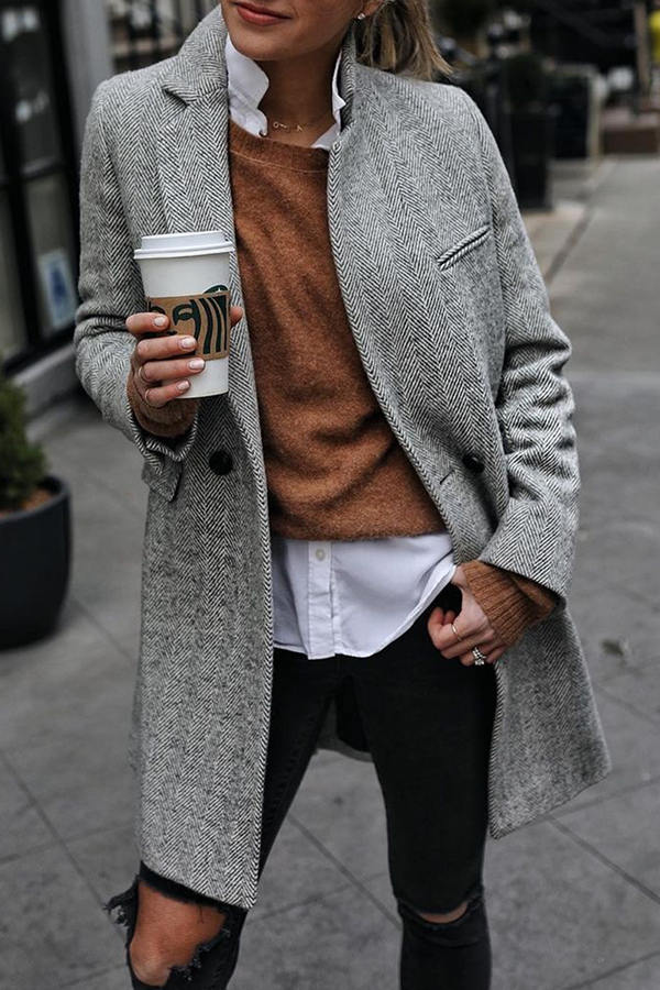 Casual Street Striped Patchwork Buckle Turndown Collar