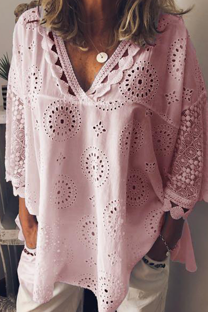 Casual Solid Hollowed Out V Neck T-Shirts