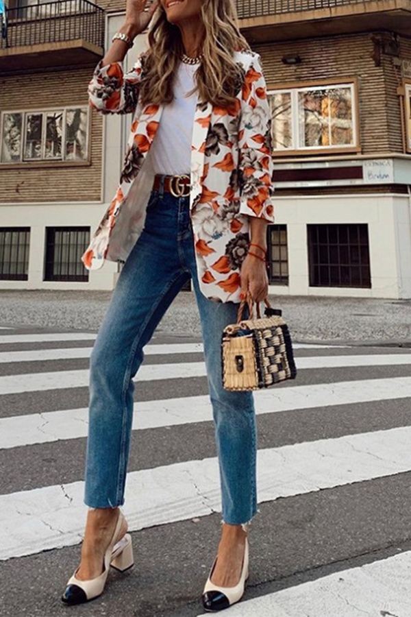 Casual Print Patchwork Turndown Collar