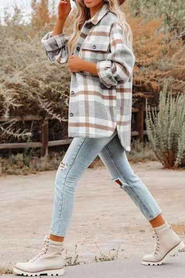 Casual Plaid Patchwork Turndown Collar