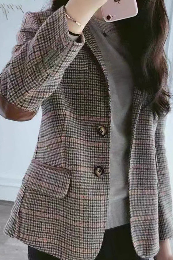 Work Plaid Patchwork Turn-back Collar