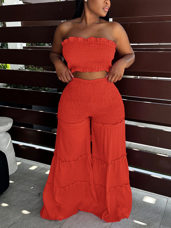 Strapless Ruffled Top & Wide Leg Pants Two-Piece Set for Casual Wear