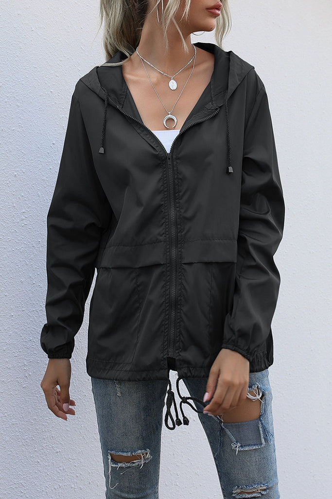 Casual Solid Zipper Hooded Collar