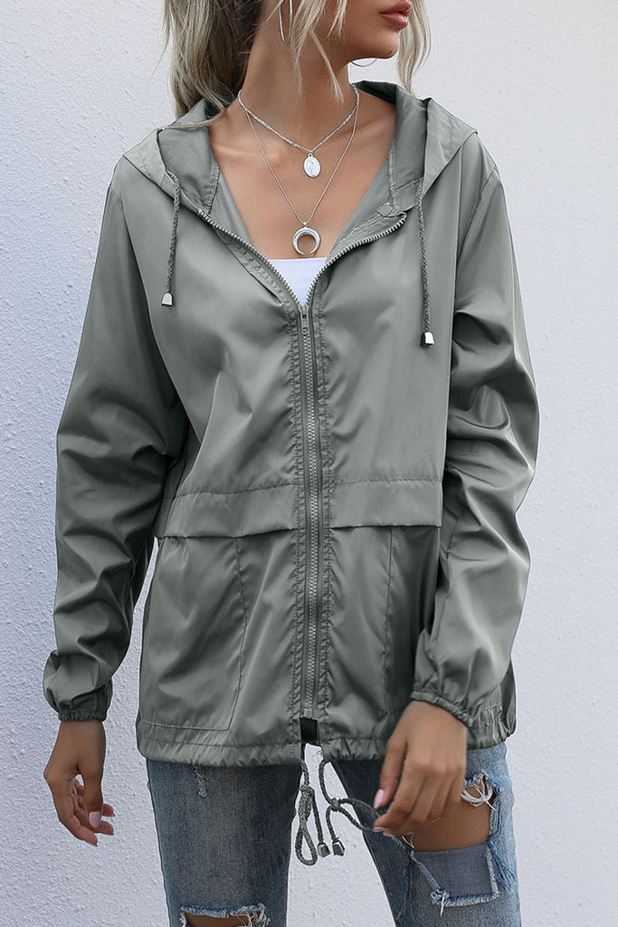 Casual Solid Zipper Hooded Collar