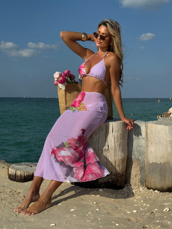 Women Printed Mesh Long Skirt Sexy Bikini Three-Piece