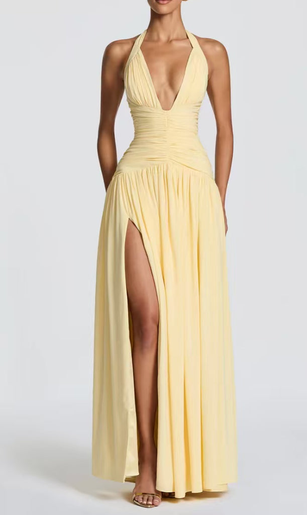 Halter V-Neck Slit Pleated Backless Maxi Dress