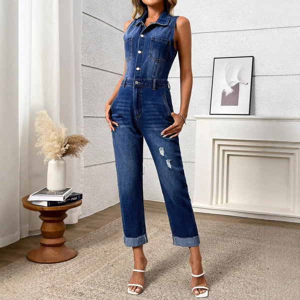 Women Ripped Casual Denim Jumpsuit