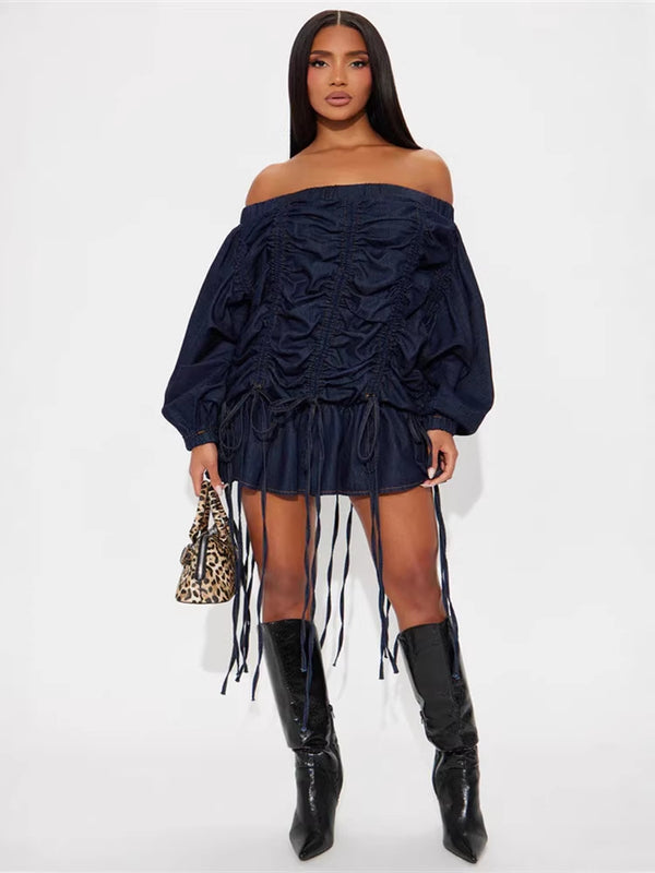 Off-Shoulder Drawstring Long-Sleeved Denim Mini Dress