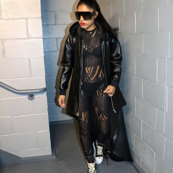 PU Hooded Drawstring High Low Coat for Spring Outerwear