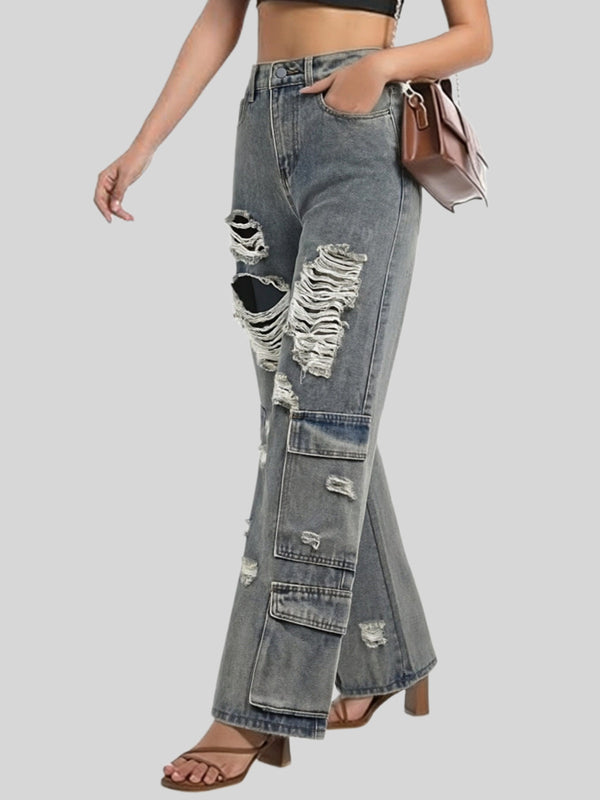 Ripped Wide Leg Cargo Denim Pants for Streetwear
