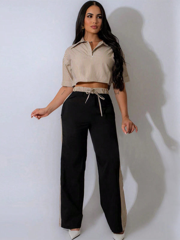 Women's Fashion Striped Turndown Collar Button Crop Top & Elastic Waist Straight-Leg Pants Casual Two-Piece Set