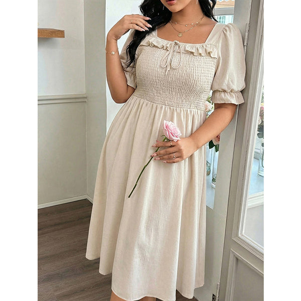 Plus Size Beige Square-Neck Puff Sleeve Midi Dress for Formal Events