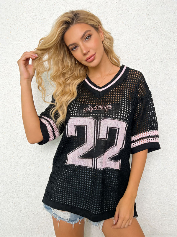 Letter Knitted Hollow-Out V-Neck Short Sleeve Sun-Protective Cardigan