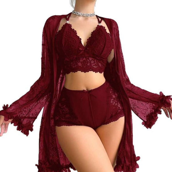 Plus Size Lace Robe & See-Through Lingerie Pajama Set for Intimate Wear