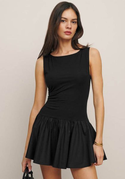 Women Summer Solid Round Neck Sleeveless Patchwork Mini Dress