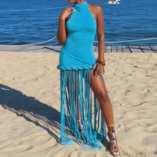 Fringed Halter Backless Dress for Spring Evening Events