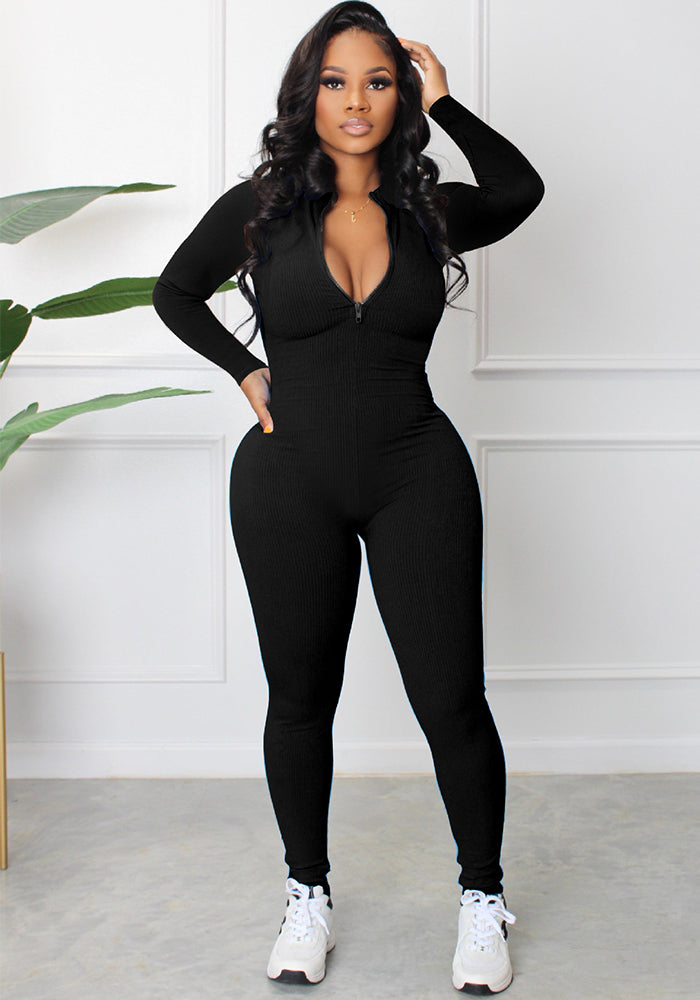 Ribbed Zipper Jumpsuit for Spring & Autumn Activewear