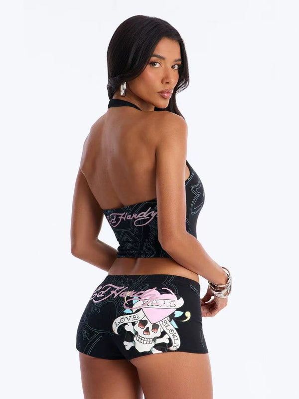 Skull Heart Letter Print Halter Cami Top & Shorts Set