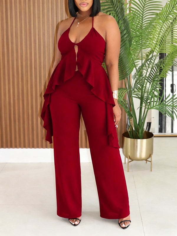 Halter Neck Irregular Top & Wide Leg Pants Set for Holiday Vacations